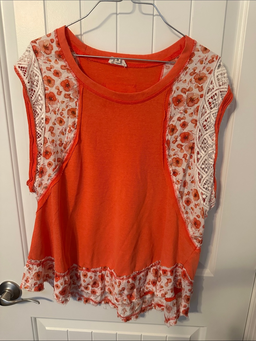 POL Orange Floral Lace-Trim oversized boho hippie cotton Top